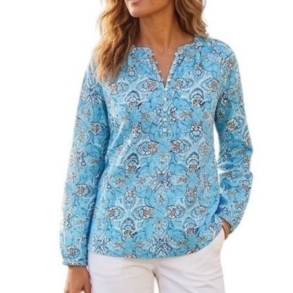 Talbots Cotton Light Weight Blue Medallion Print Ruffle Neck‎ Tunic Top Women LP